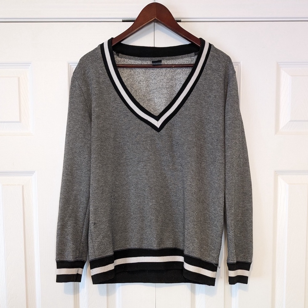 Cute V Neck Black and White Striped Grey Sweater